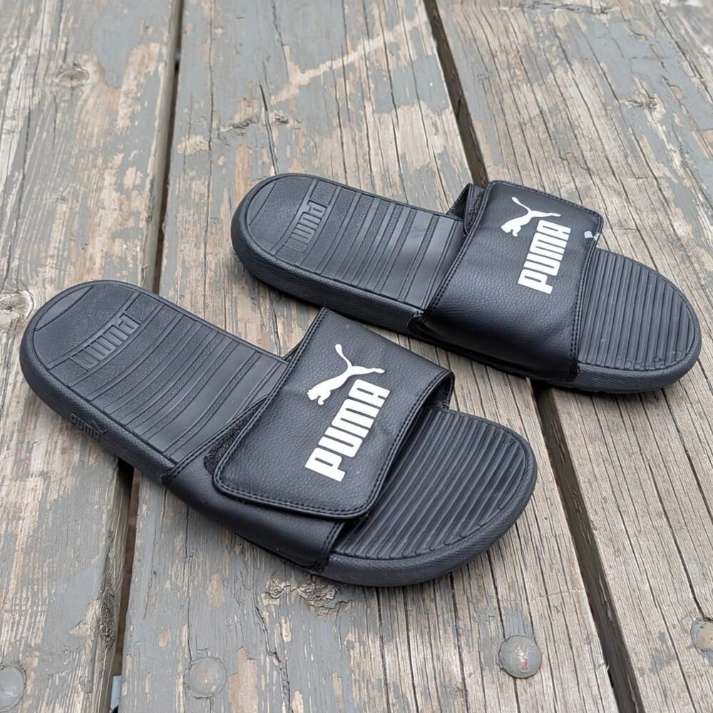 Puma Black Adjustable Slide Sandals White Logo Athletic Slip On Shoes